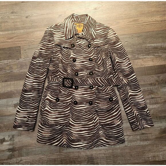 Tory Burch Women's Zebra Trench Coat Jacket Button Up Size 0 XS - Picture 1 of 8